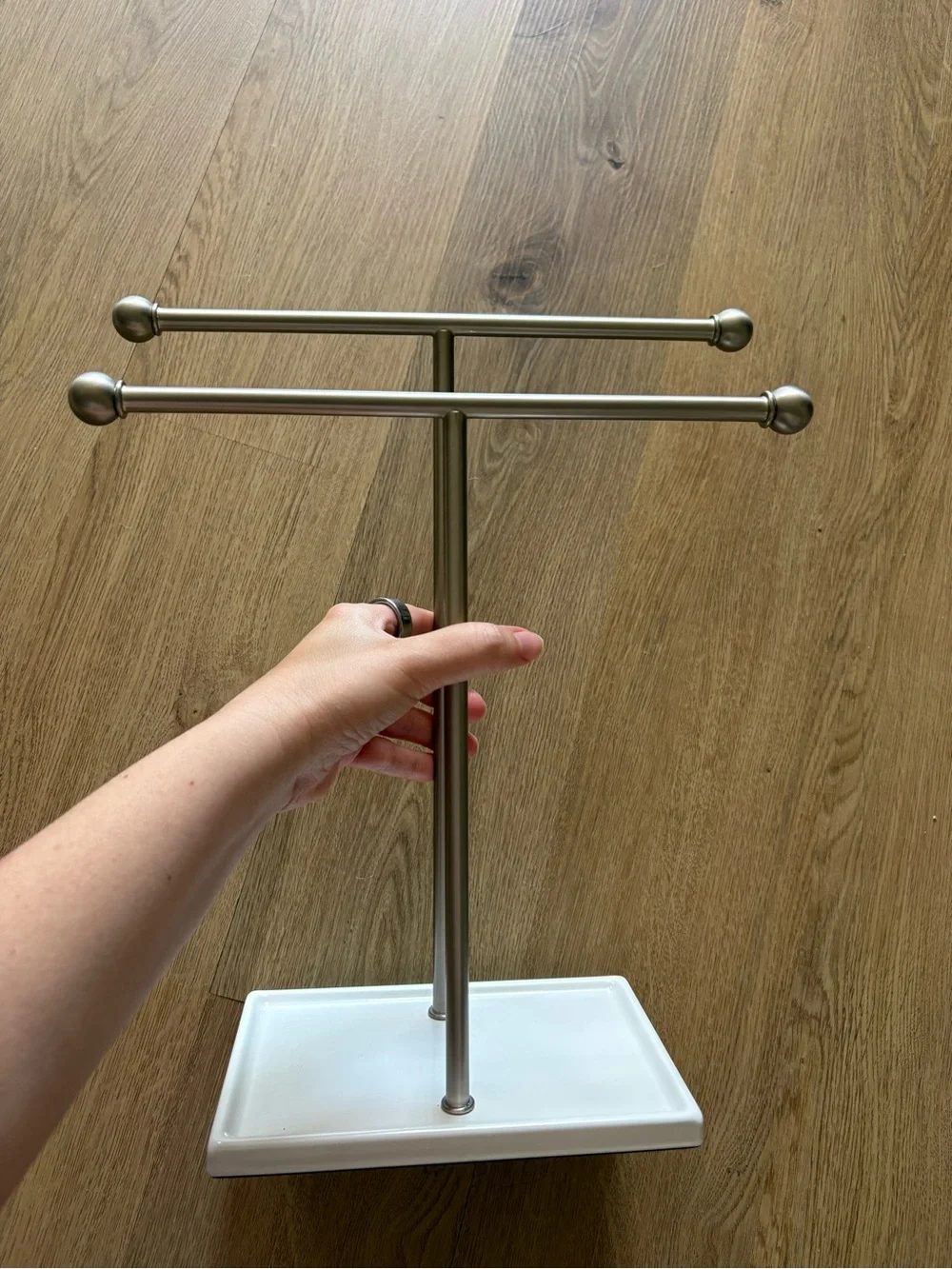 Double Bar Jewelry Stand in Brushed Nickel and White
